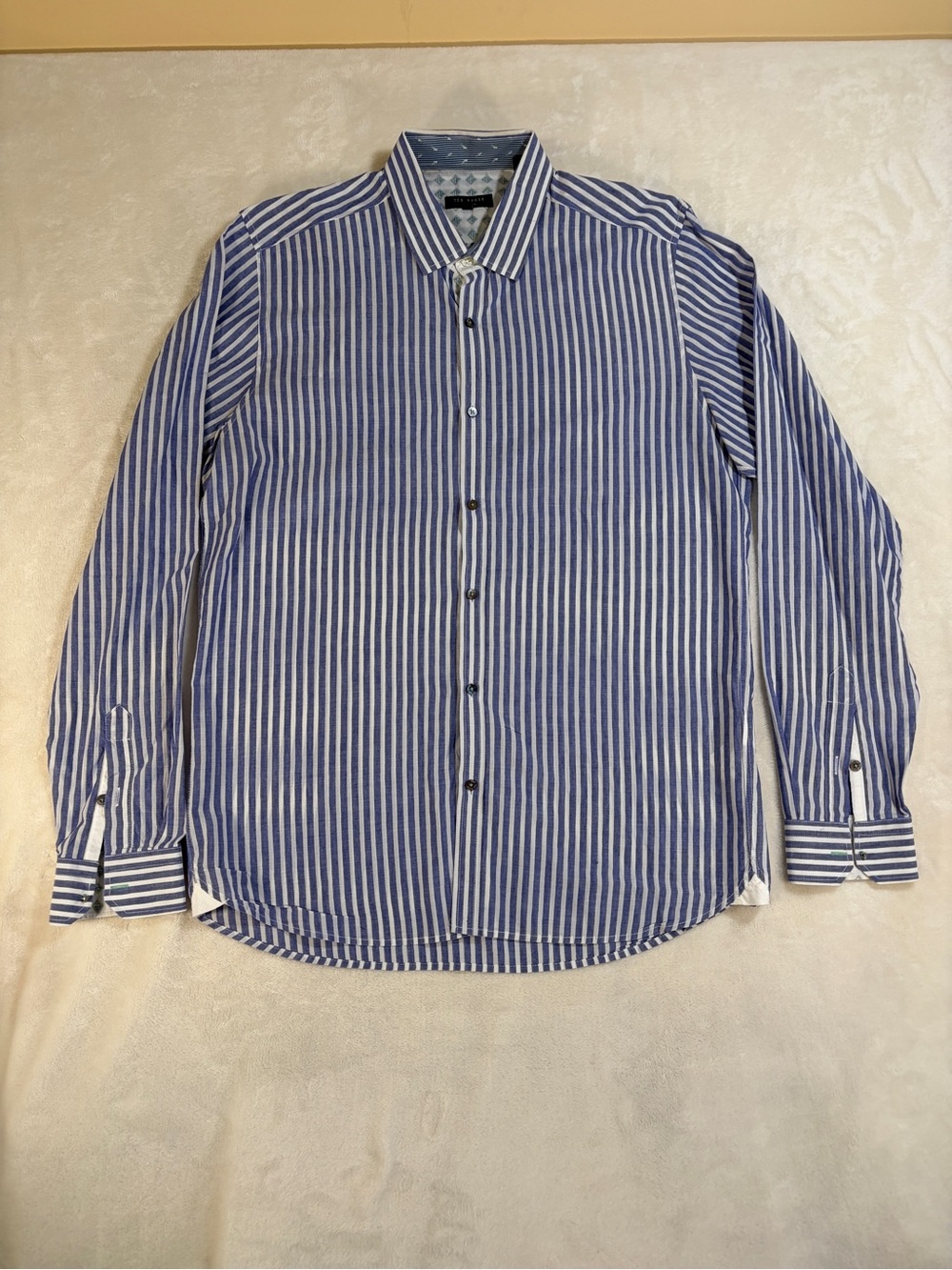 Ted Baker London Blue and White Vertical Stripe Dress Shirt - Size 5